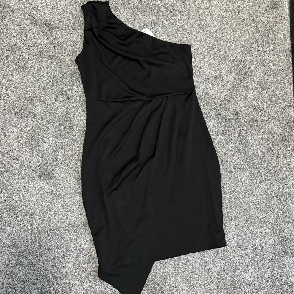 Black one shoulder wrap cocktail dress